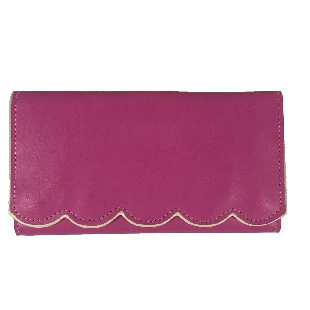 Faux Leather Scalloped Wallets Pink, Women Snap Clutch 14 Card Slots
